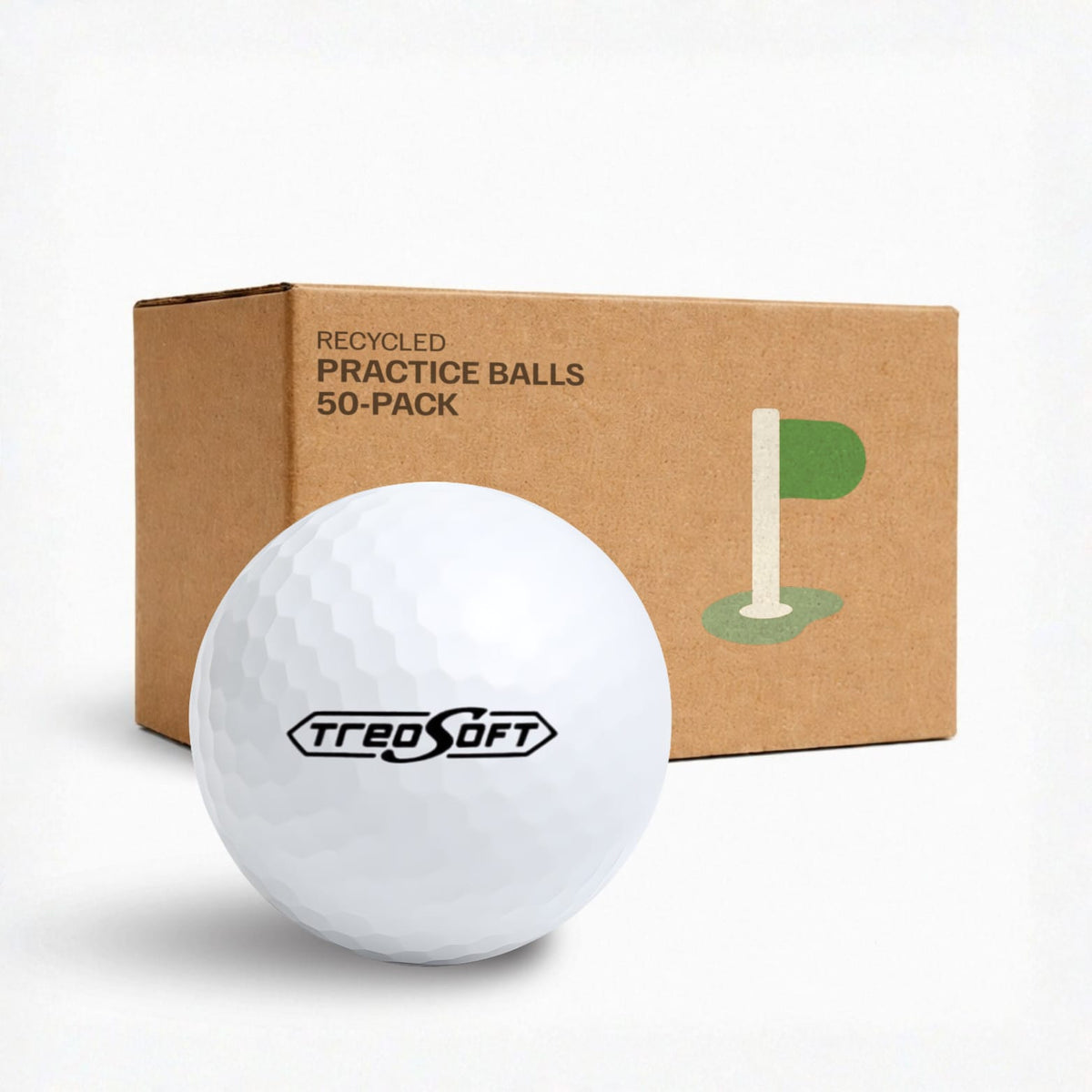 Bridgestone Treosoft övningsbollar 50-pack i kraftkartong – återvunna golfbollar för träning från Plikt Golf