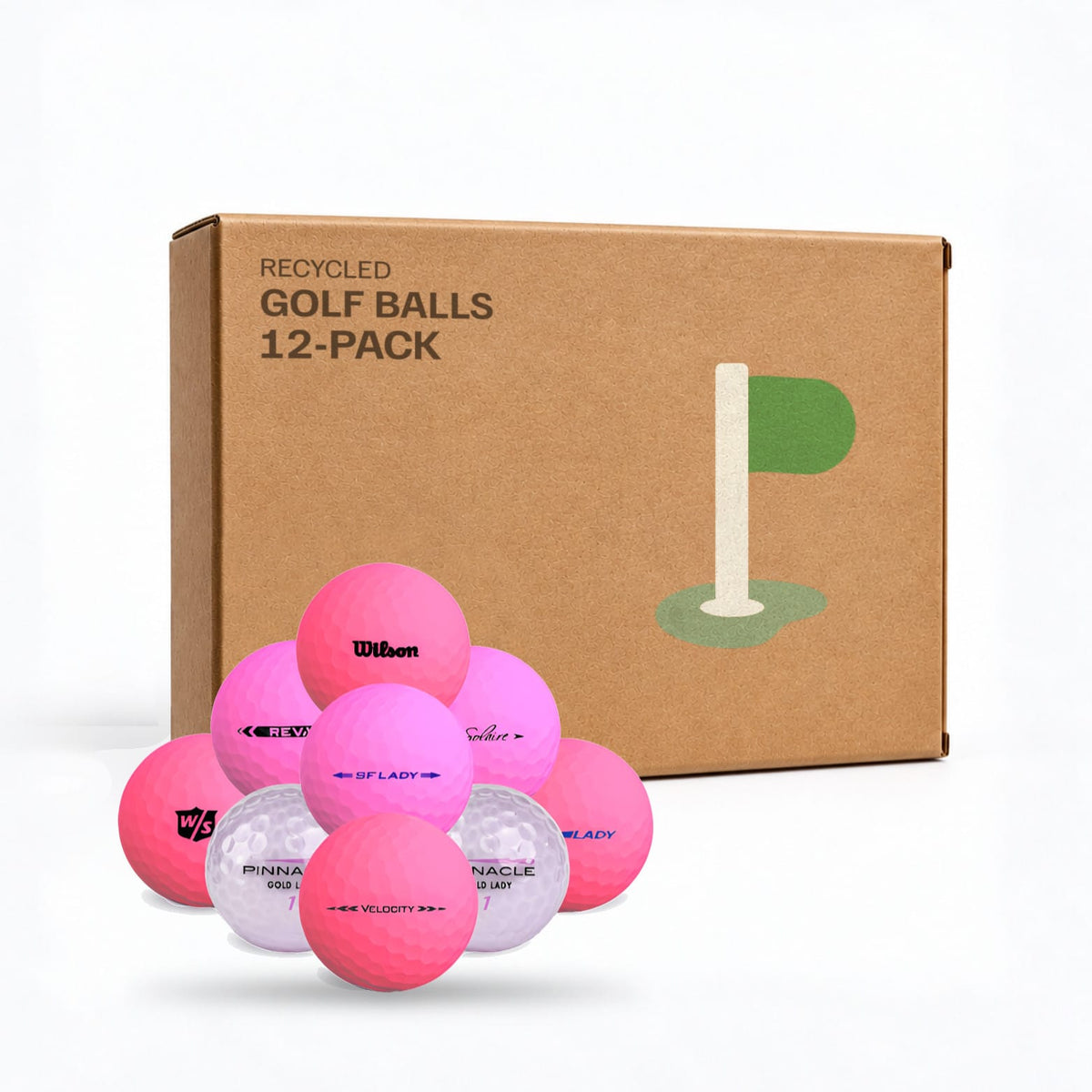 Rosa Golfbollar Mix 12-pack i kraftkartong – kvalitetskontrollerade återvunna golfbollar från Plikt Golf