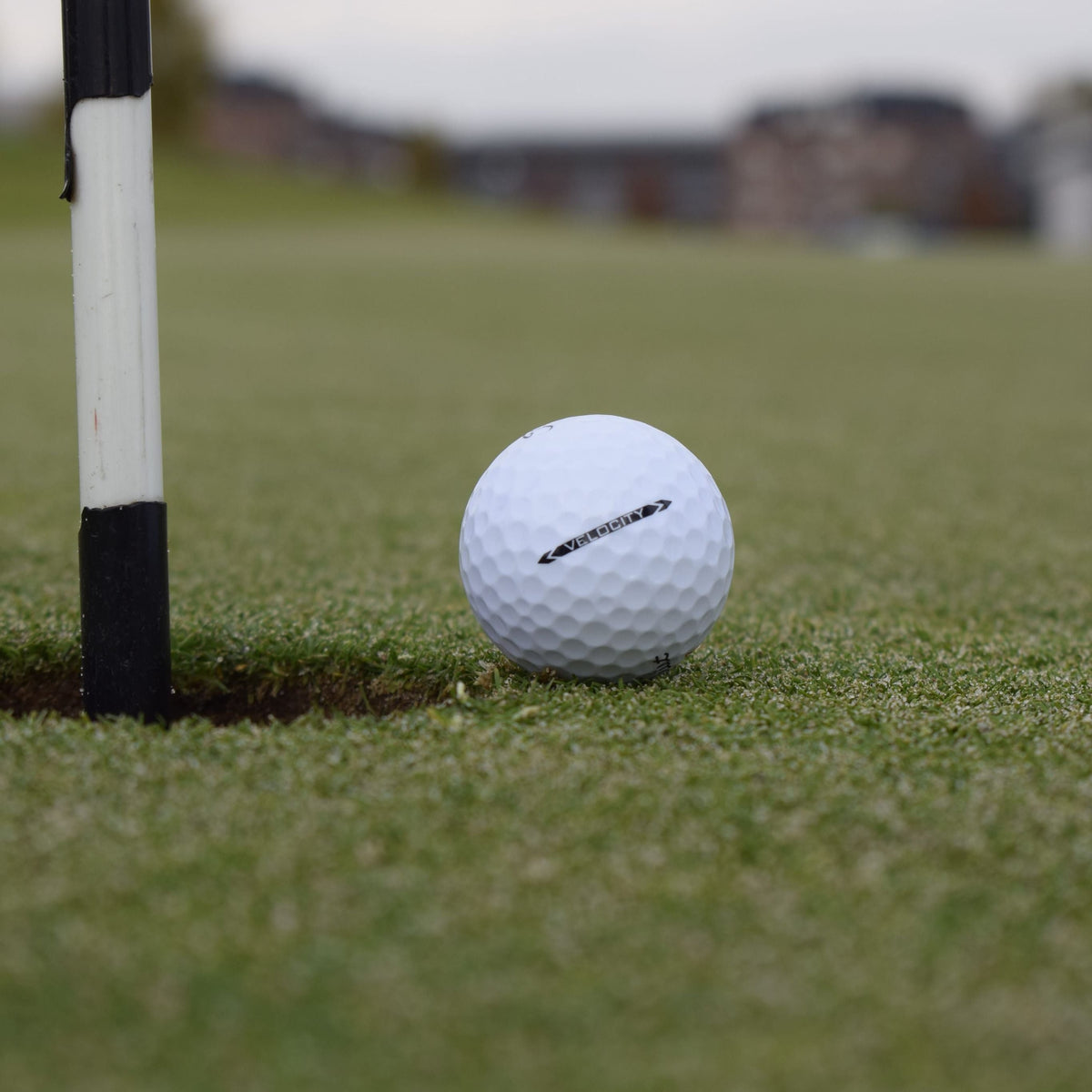 En närbild på Titleist Velocity som ligger precis bredvid hålet på en golf green.
