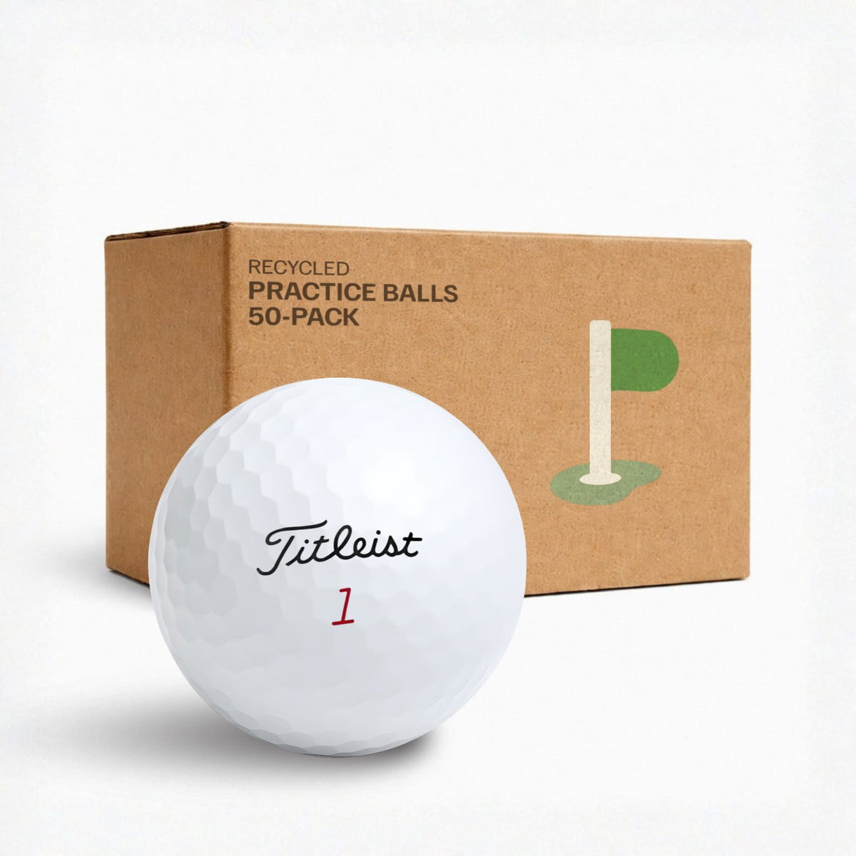 Titleist Mix övningsbollar 50-pack i kraftkartong – återvunna golfbollar för träning från Plikt Golf