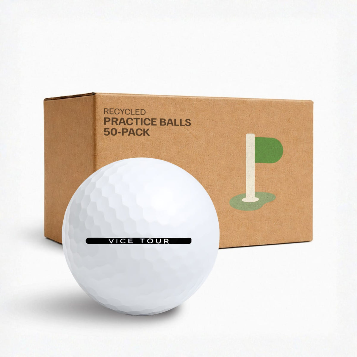 Vice Tour övningsbollar 50-pack i kraftkartong – återvunna golfbollar för träning från Plikt Golf